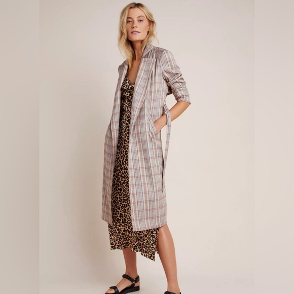Anthropologie Plaid Belted Lightweight Summer Trench Coat Size M Neutral Motif - Picture 1 of 15